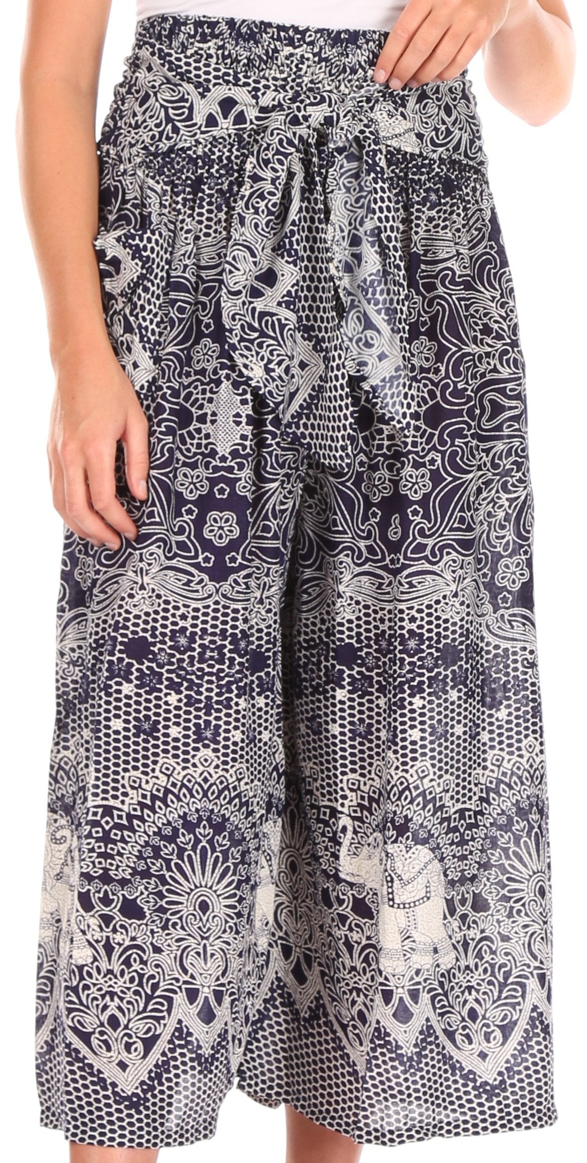 Pantalones Sakkas Lilja para mujer, holgados, anchos, con estampado de elefantes, cintura elástica y bolsillos