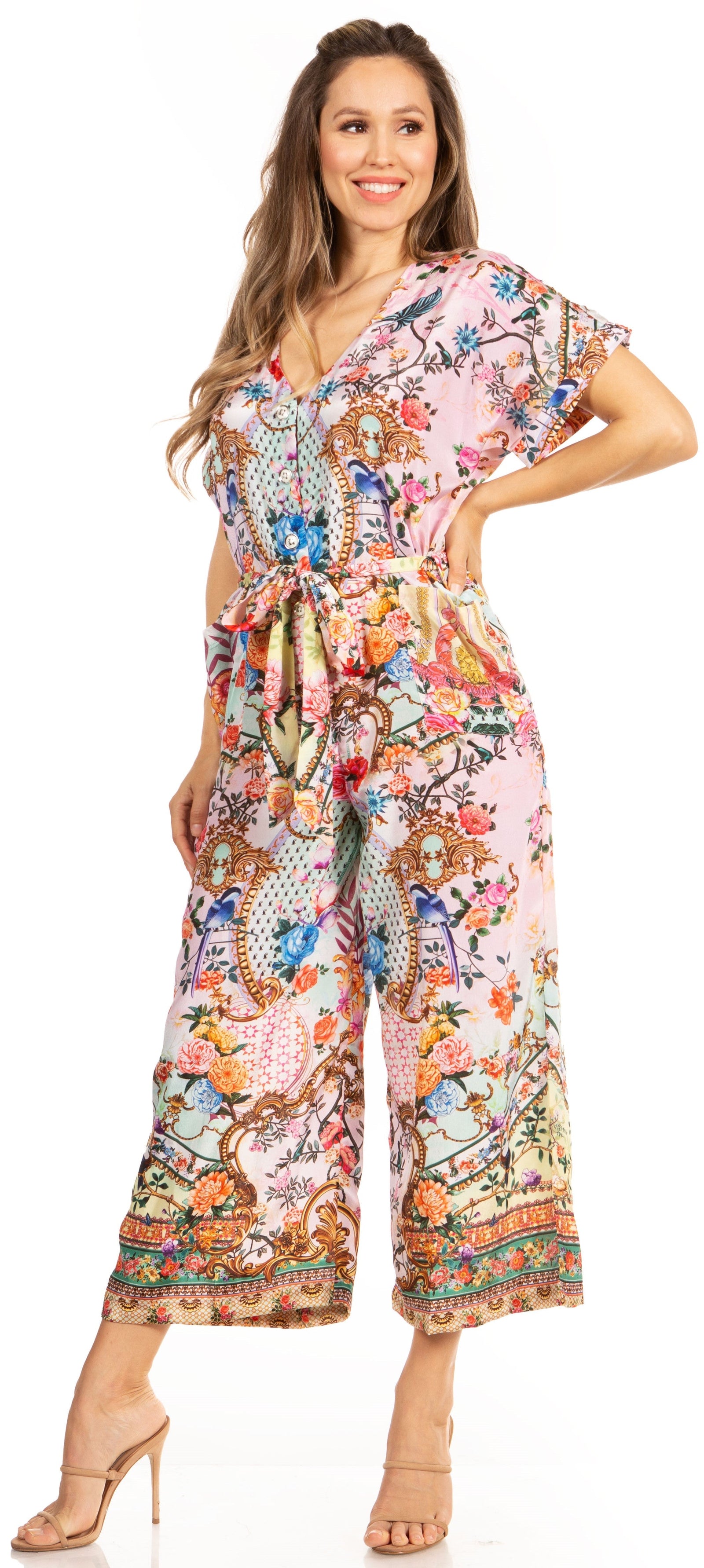 Mono bohemio informal para mujer Irise con mangas cortas, cuello en V y estampado floral (incluye bolsillos), de Sakkas