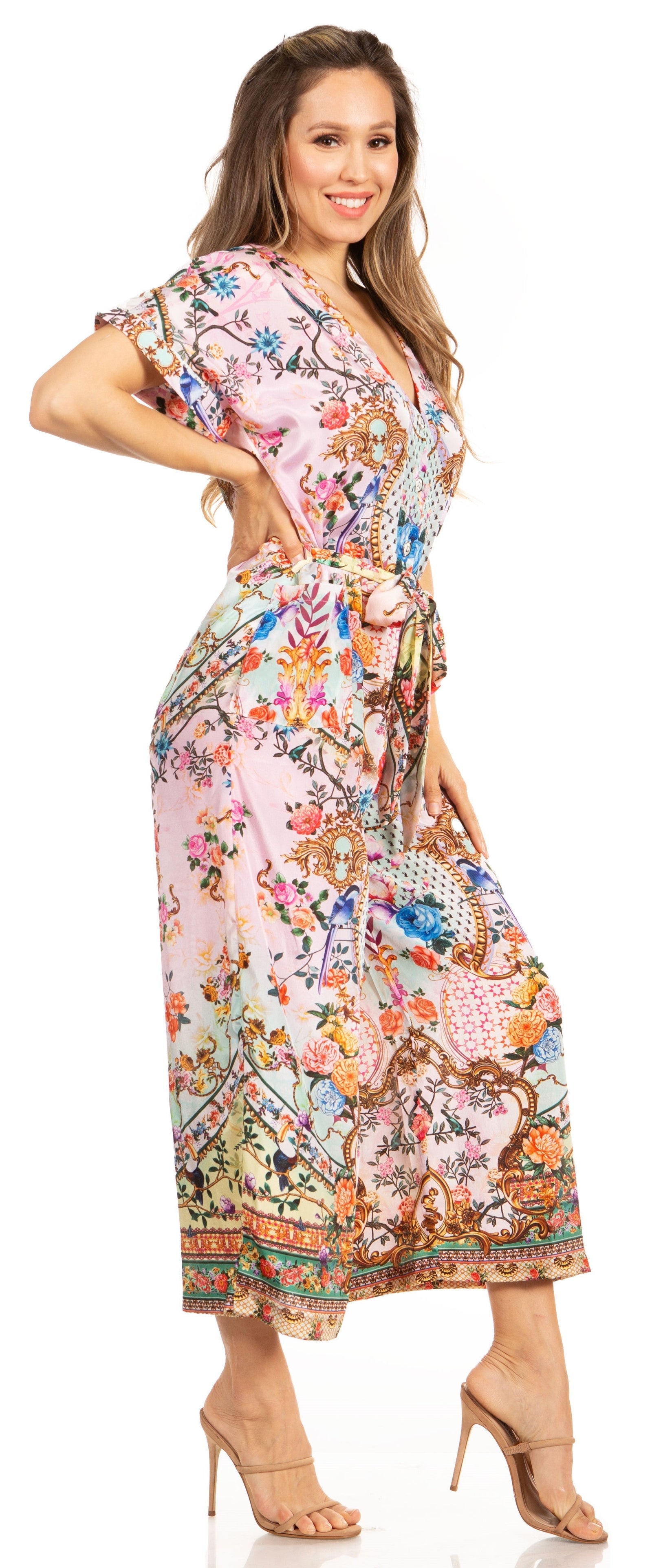 Mono bohemio informal para mujer Irise con mangas cortas, cuello en V y estampado floral (incluye bolsillos), de Sakkas