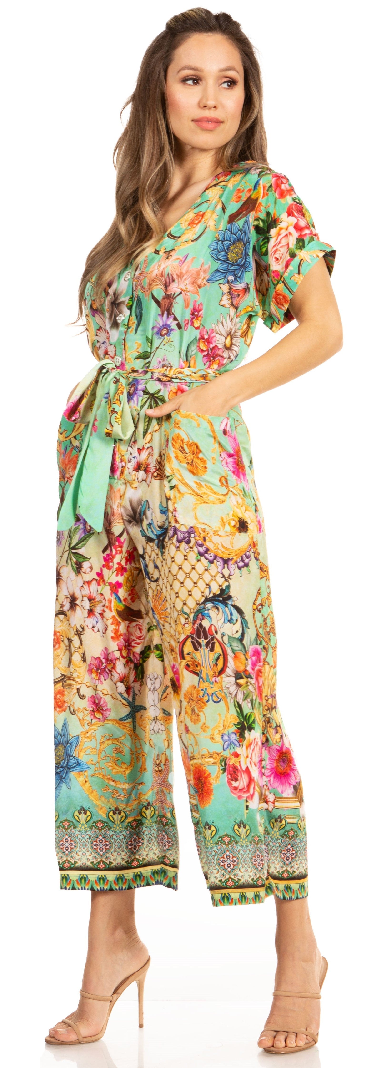 Mono bohemio informal para mujer Irise con mangas cortas, cuello en V y estampado floral (incluye bolsillos), de Sakkas
