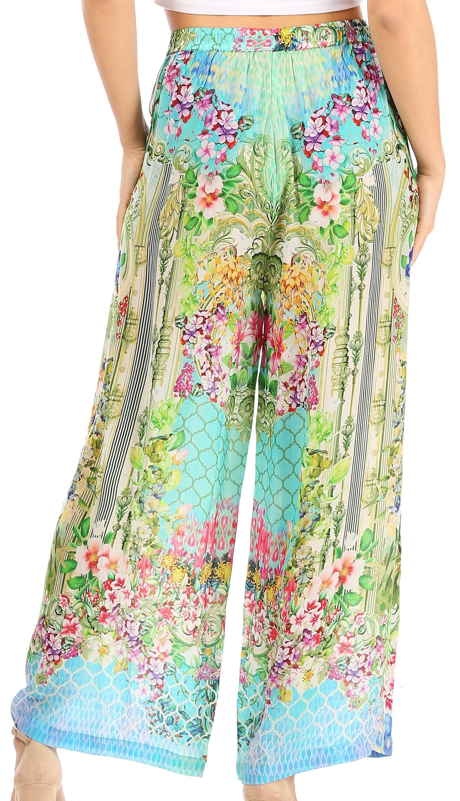 Pantalones palazzo acampanados de pierna ancha con estampado floral estilo bohemio e informal para mujer de Sakkas Anie