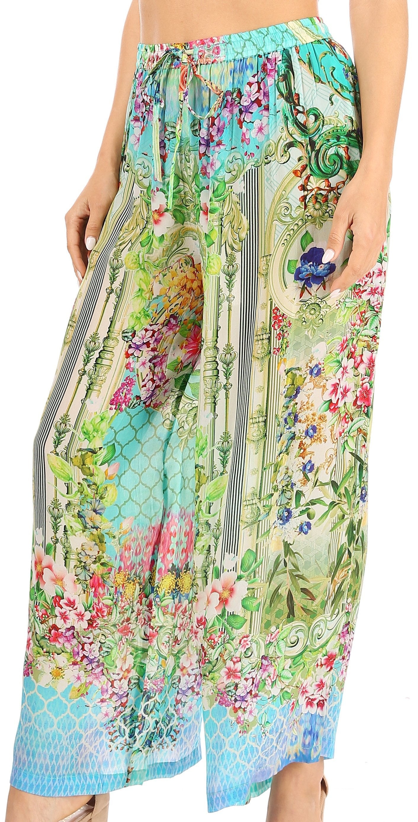 Pantalones palazzo acampanados de pierna ancha con estampado floral estilo bohemio e informal para mujer de Sakkas Anie