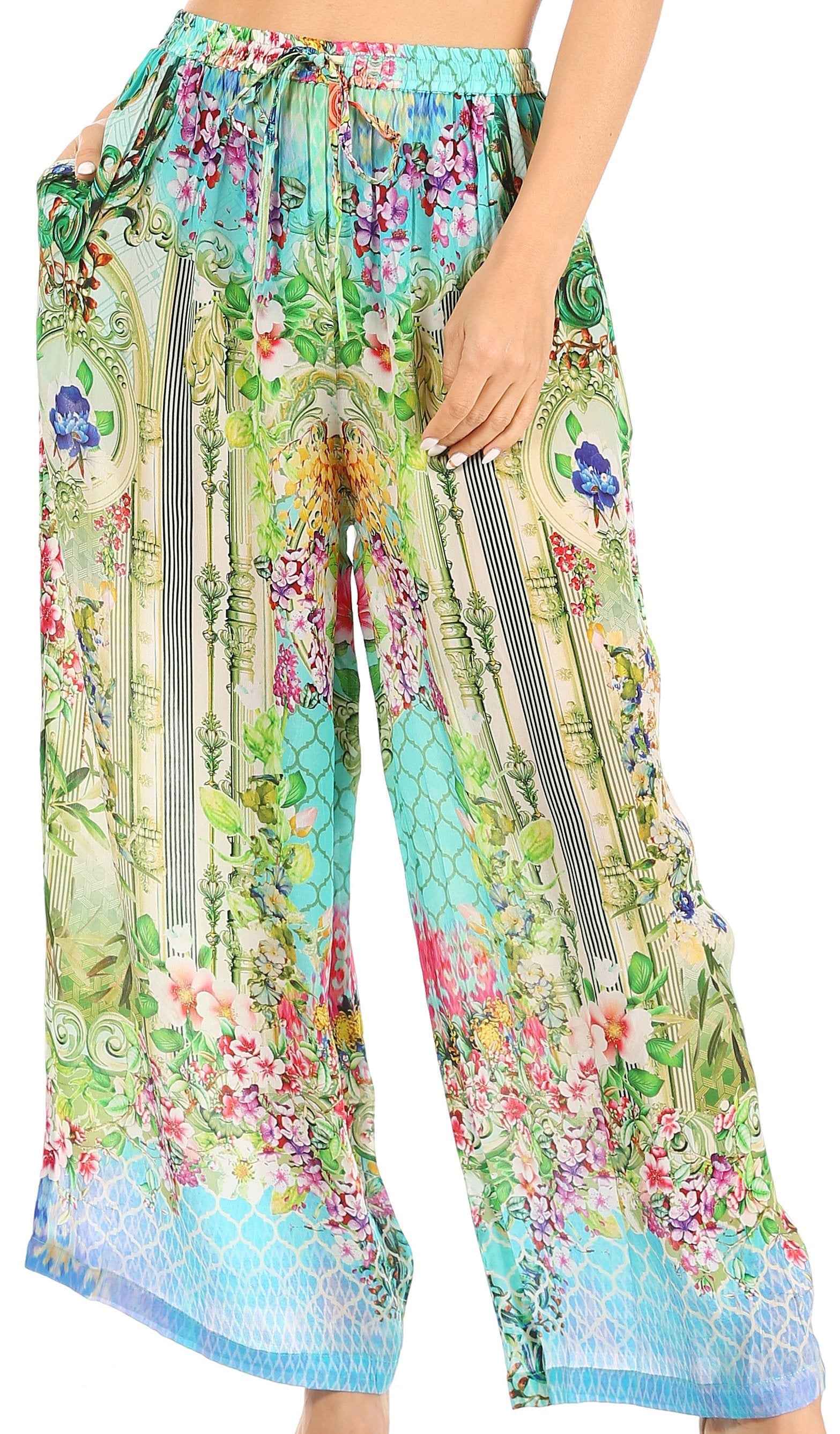 Pantalones palazzo acampanados de pierna ancha con estampado floral estilo bohemio e informal para mujer de Sakkas Anie