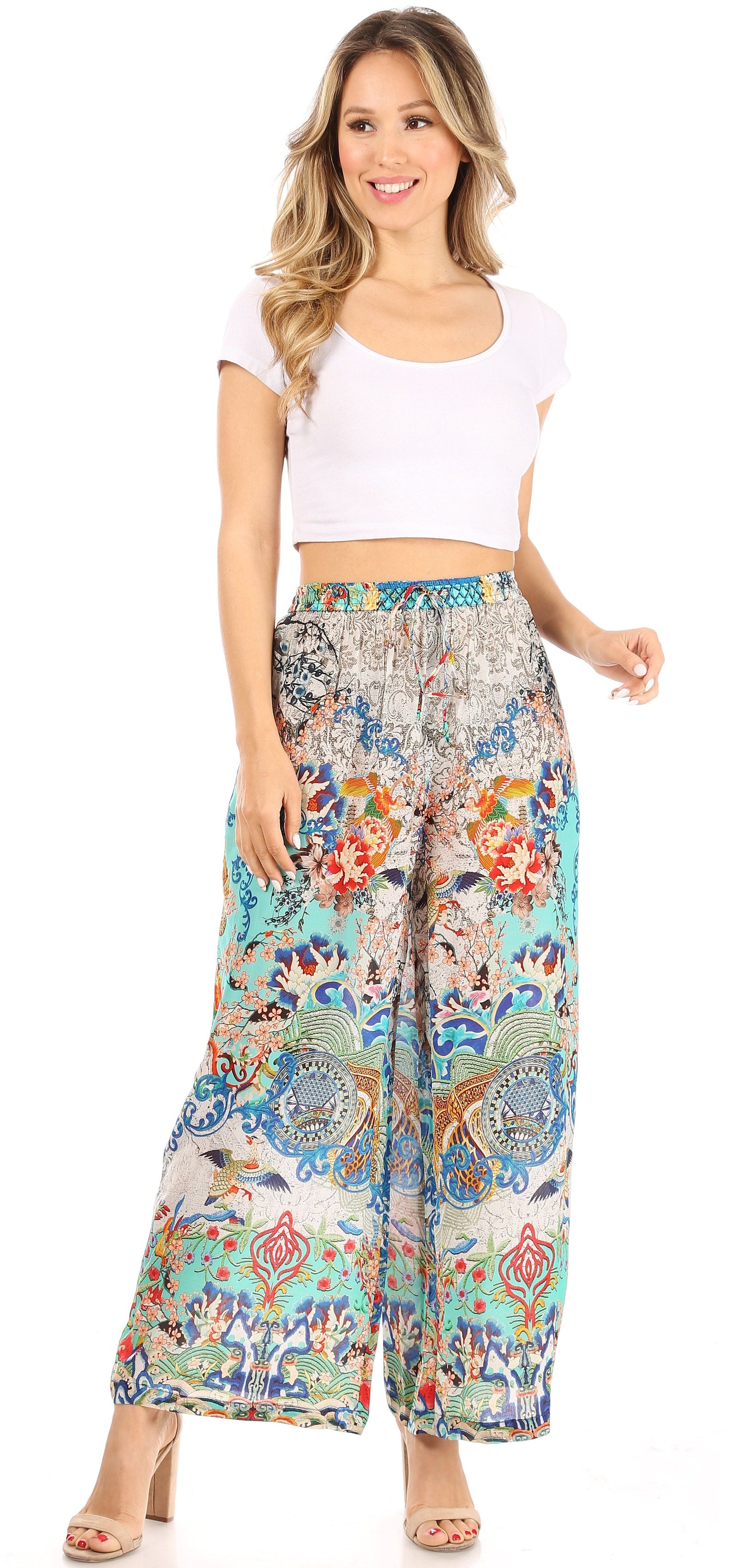 Pantalones palazzo acampanados de pierna ancha con estampado floral estilo bohemio e informal para mujer de Sakkas Anie