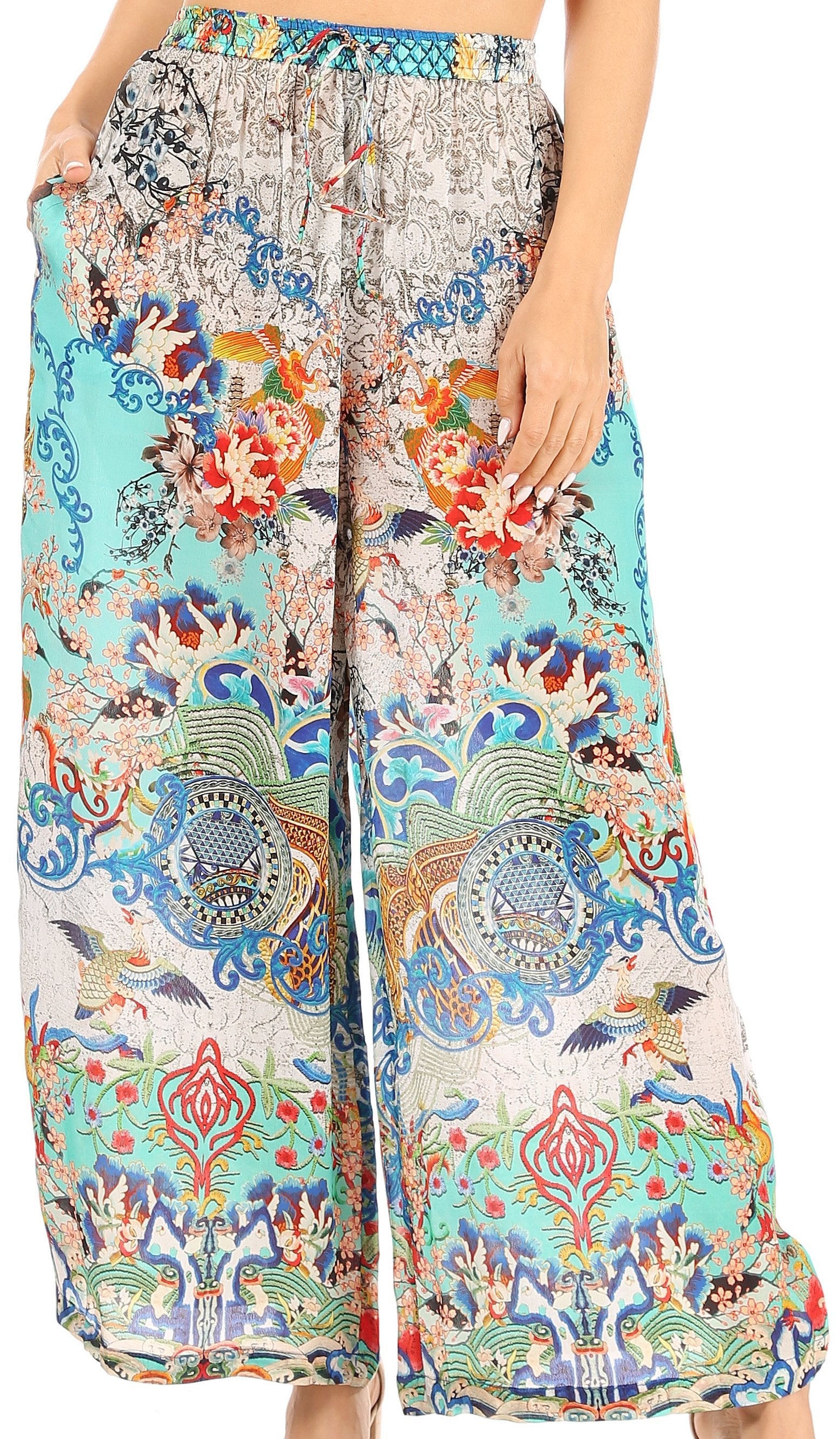 Pantalones palazzo acampanados de pierna ancha con estampado floral estilo bohemio e informal para mujer de Sakkas Anie