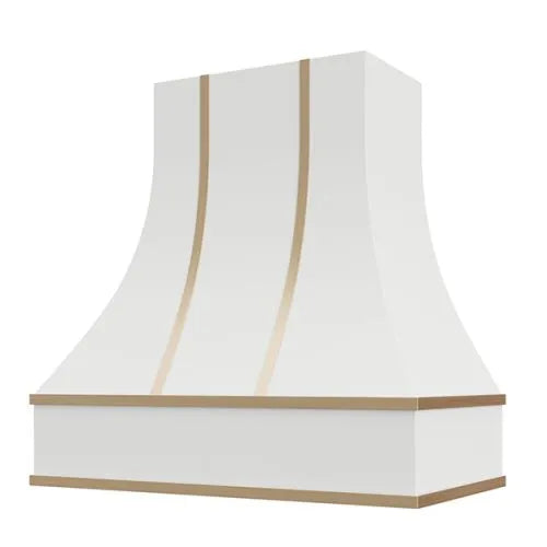 Primed Range Hood With Curved Front, Brass Strapping and Block Trim - 30", 36", 42", 48", 54" and 60" Widths Available