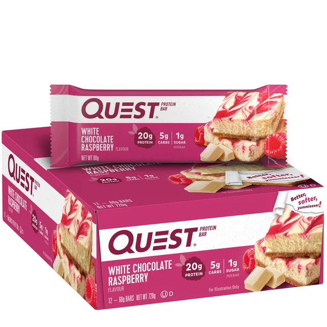 Quest Bar - Chocolate blanco y frambuesa (56 g), paquete de 12