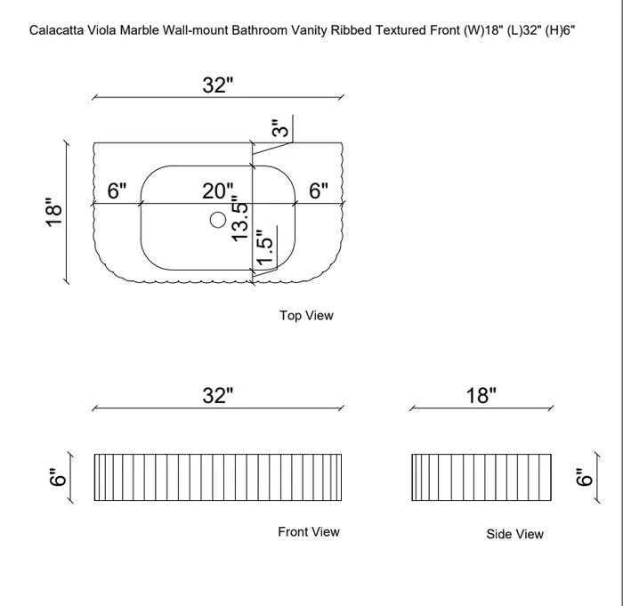 Lavabo de baño de pared de mármol Calacatta Viola con frente texturizado acanalado (ancho) 18