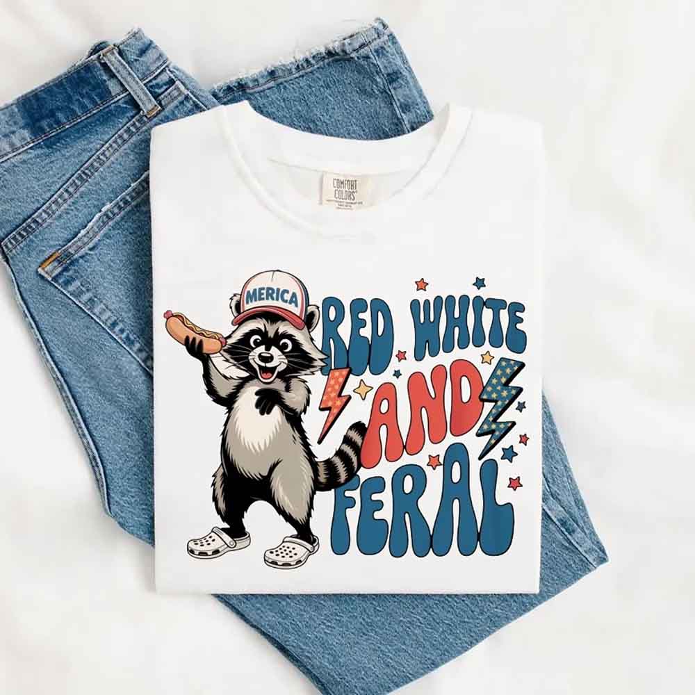 Red White & Feral Comfort Colors Tee – Funny Raccoon 4th of July Shirt