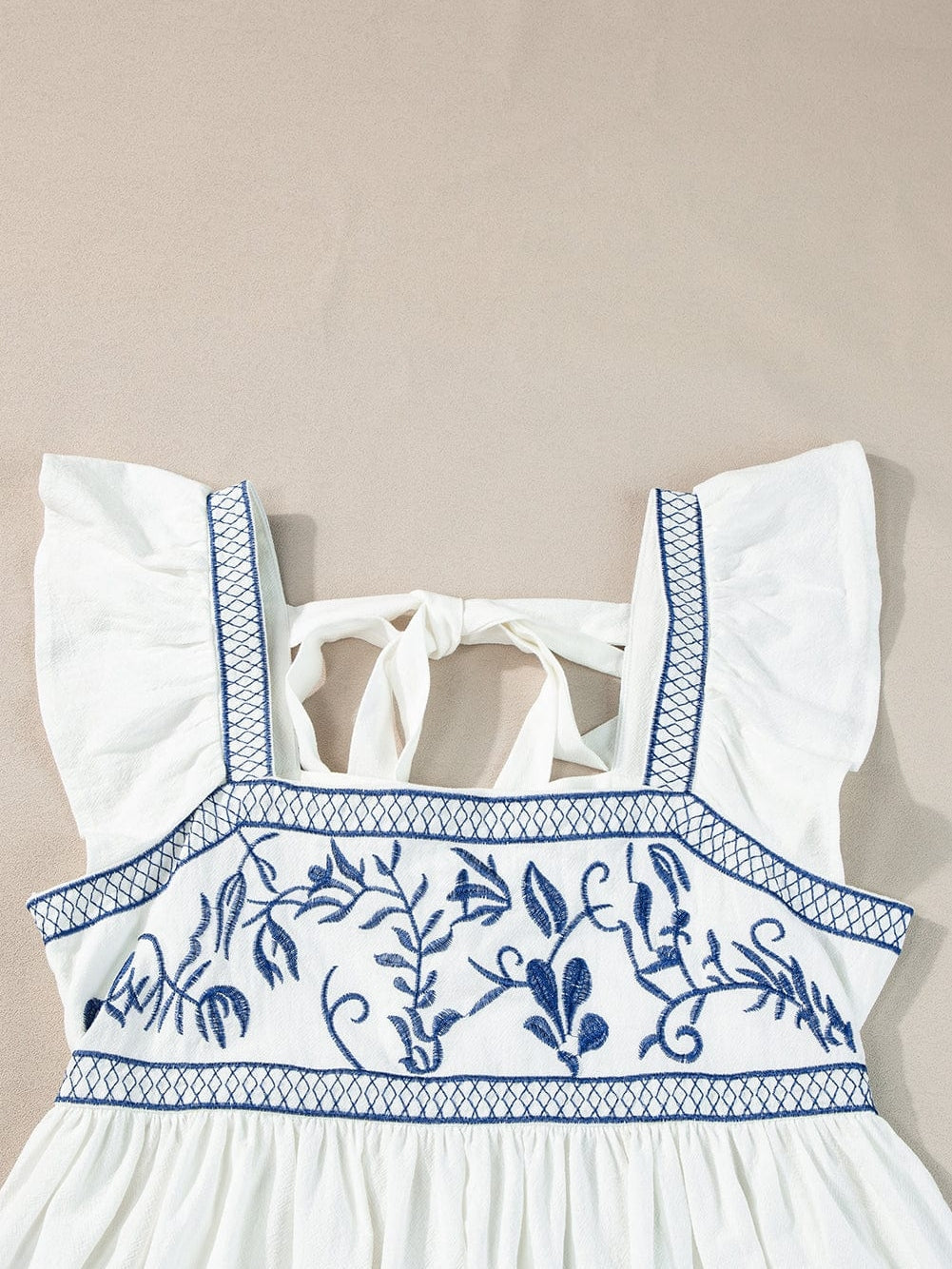 Blue and White Floral Embroidered Peasant Blouse