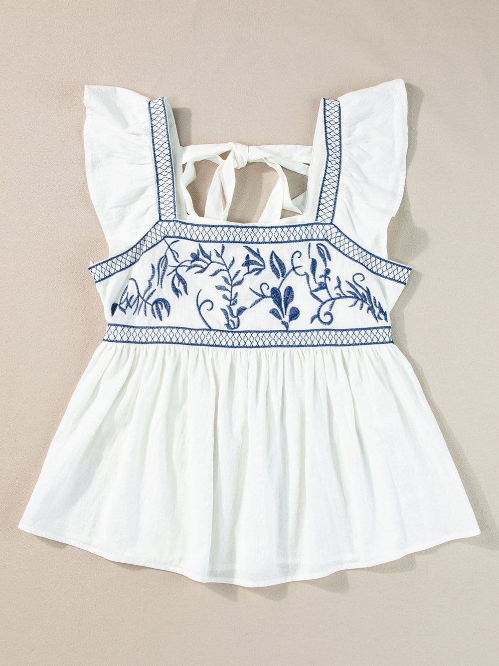 Blue and White Floral Embroidered Peasant Blouse