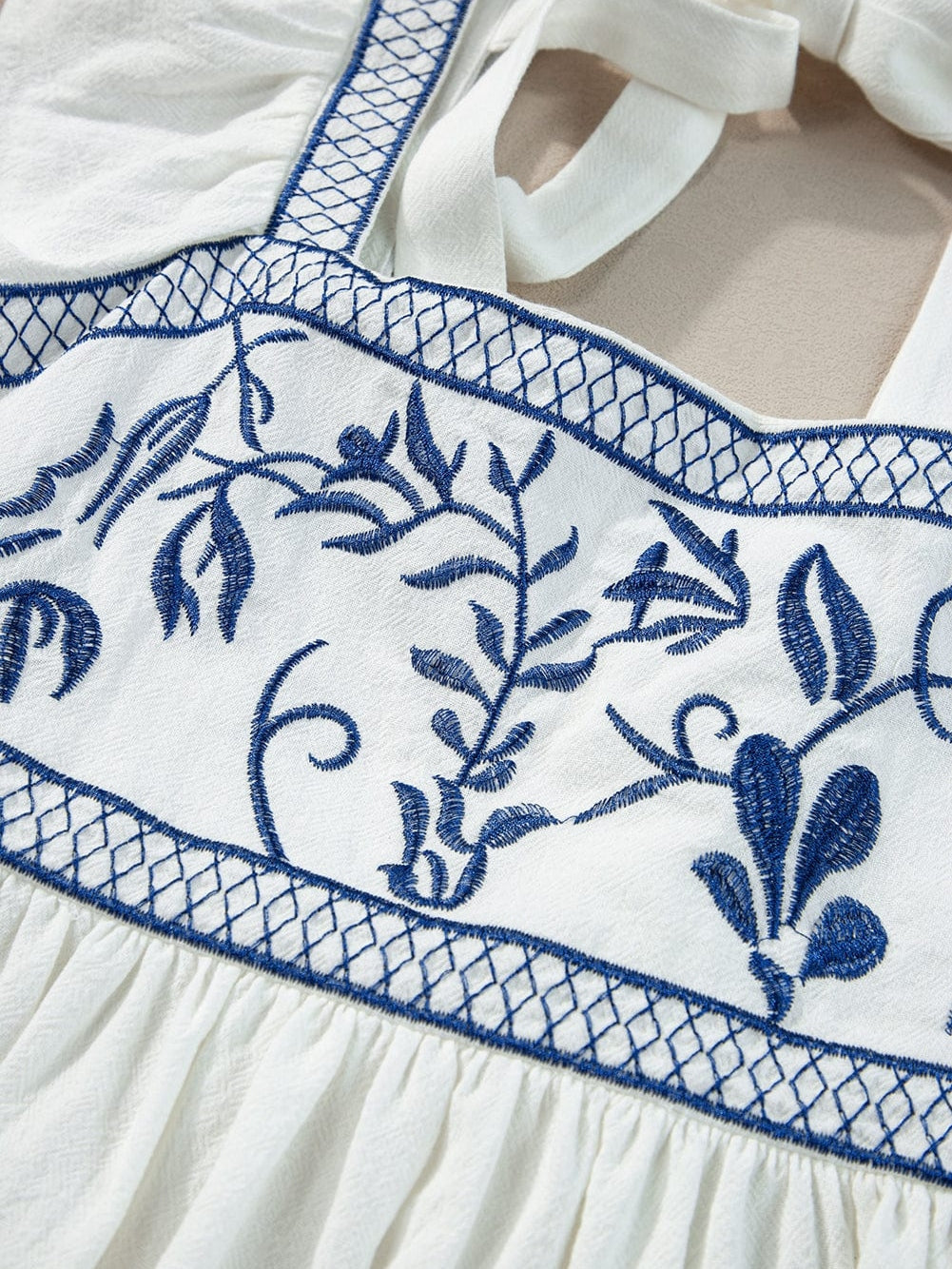 Blue and White Floral Embroidered Peasant Blouse