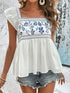 Blue and White Floral Embroidered Peasant Blouse