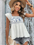 Blue and White Floral Embroidered Peasant Blouse