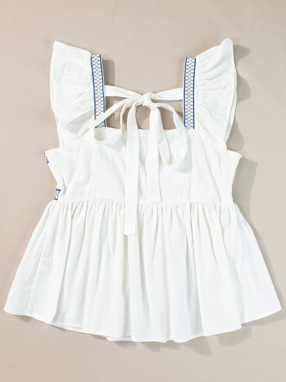 Blue and White Floral Embroidered Peasant Blouse