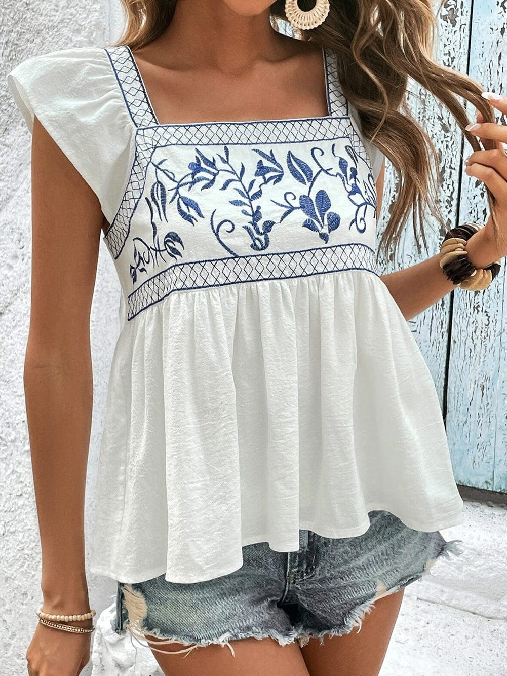 Blue and White Floral Embroidered Peasant Blouse