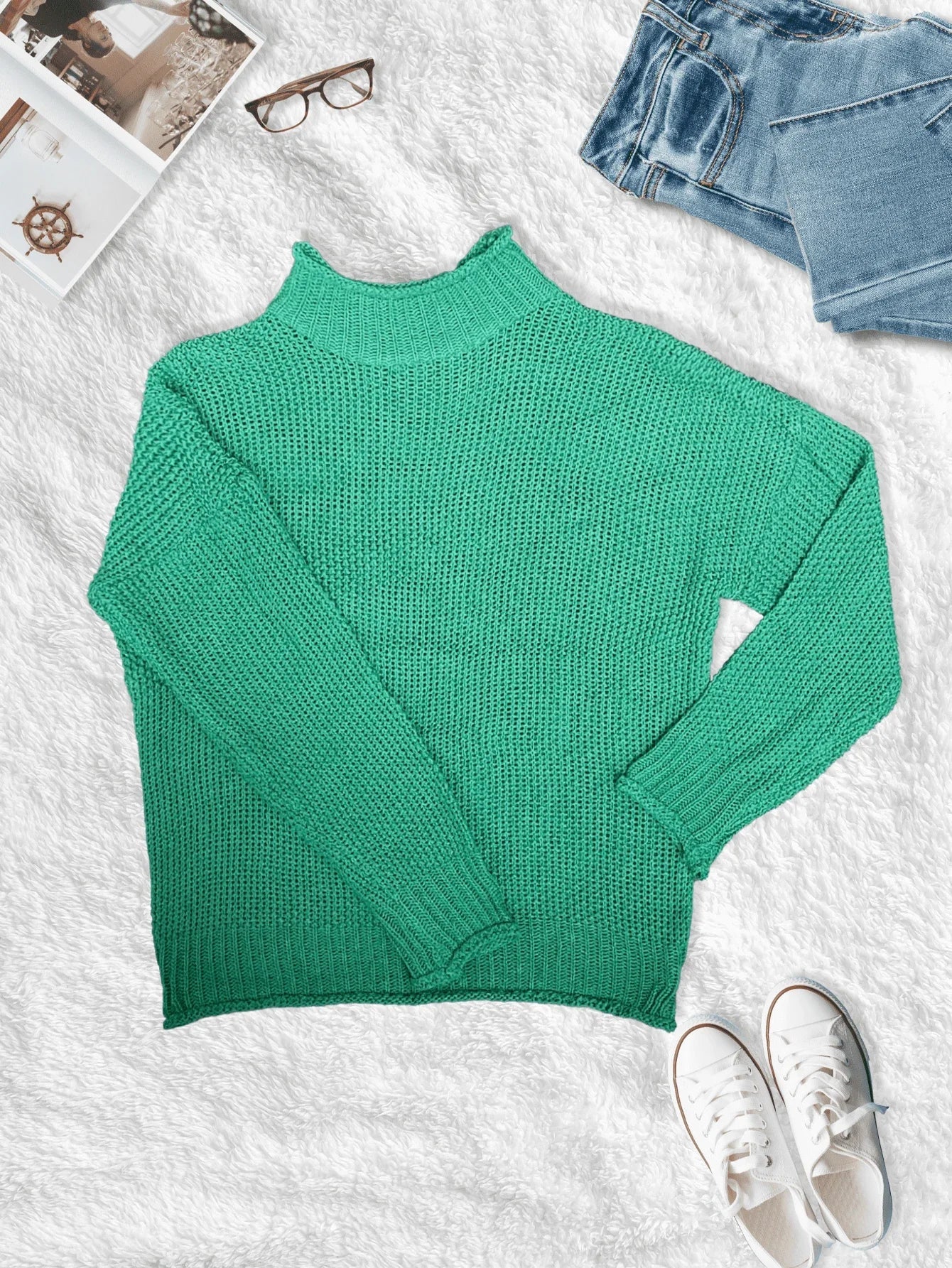 Thick Thread Bat Sleeve Knit Sweater, High Neck