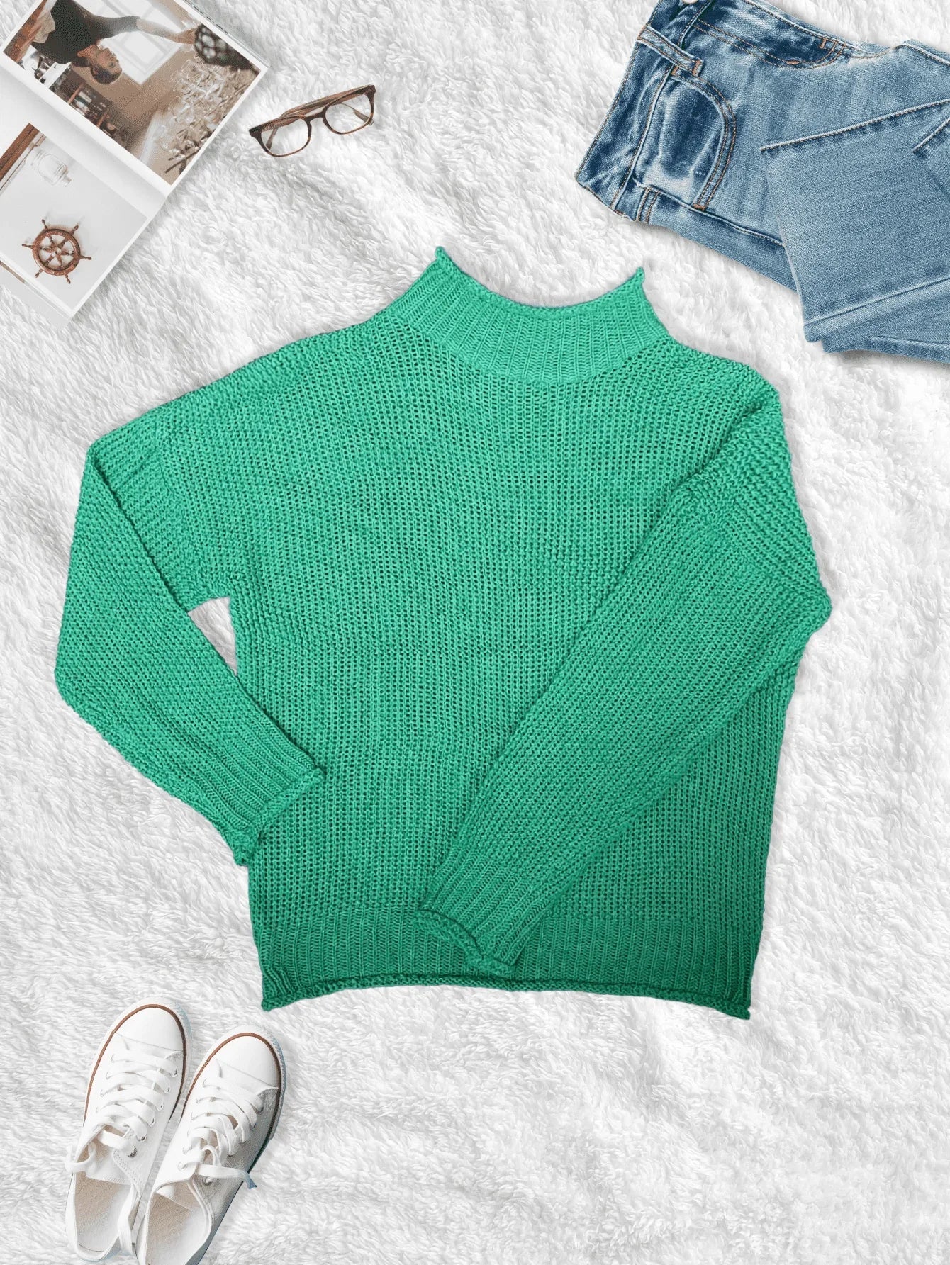 Thick Thread Bat Sleeve Knit Sweater, High Neck