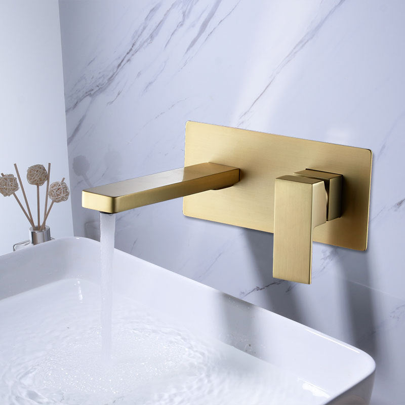 Grifo para lavabo de baño de montaje en pared de oro cepillado con drenaje emergente