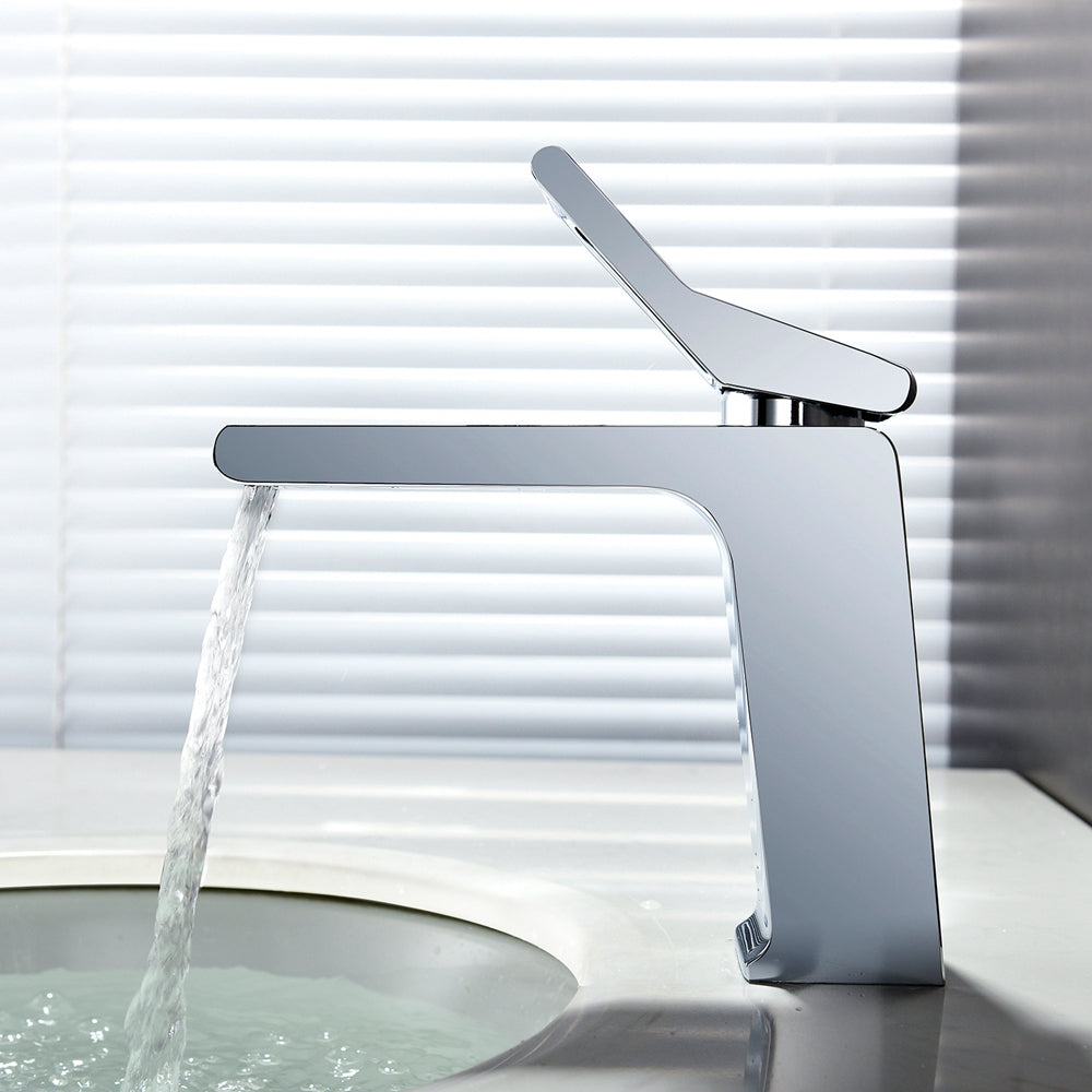 Grifo monomando para lavabo de baño cromado con desagüe de latón con rebosadero emergente