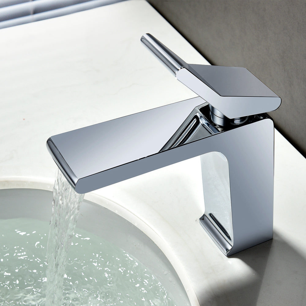 Grifo monomando para lavabo de baño cromado con desagüe de latón con rebosadero emergente