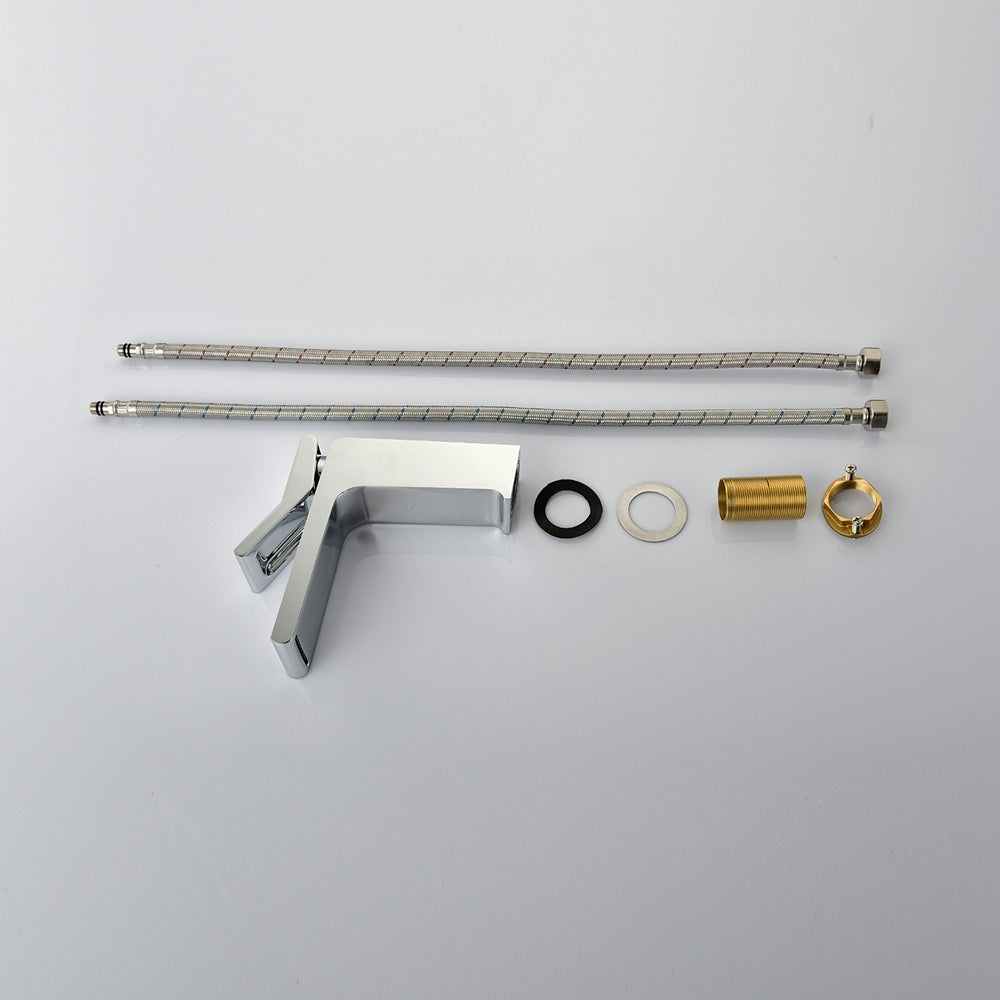 Grifo monomando para lavabo de baño cromado con desagüe de latón con rebosadero emergente