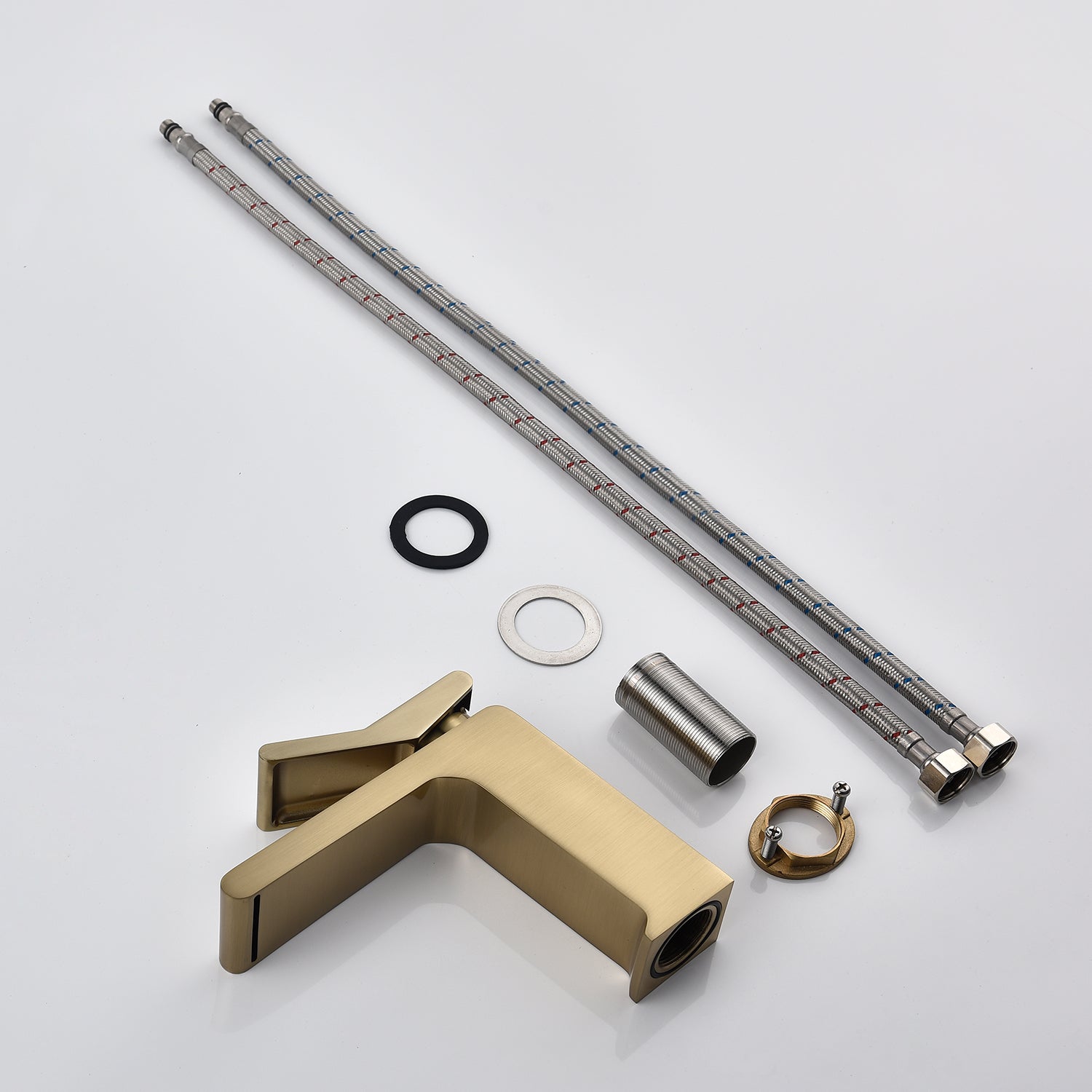 Grifo para lavabo de baño de oro cepillado de una sola manija con desagüe de latón con rebosadero emergente