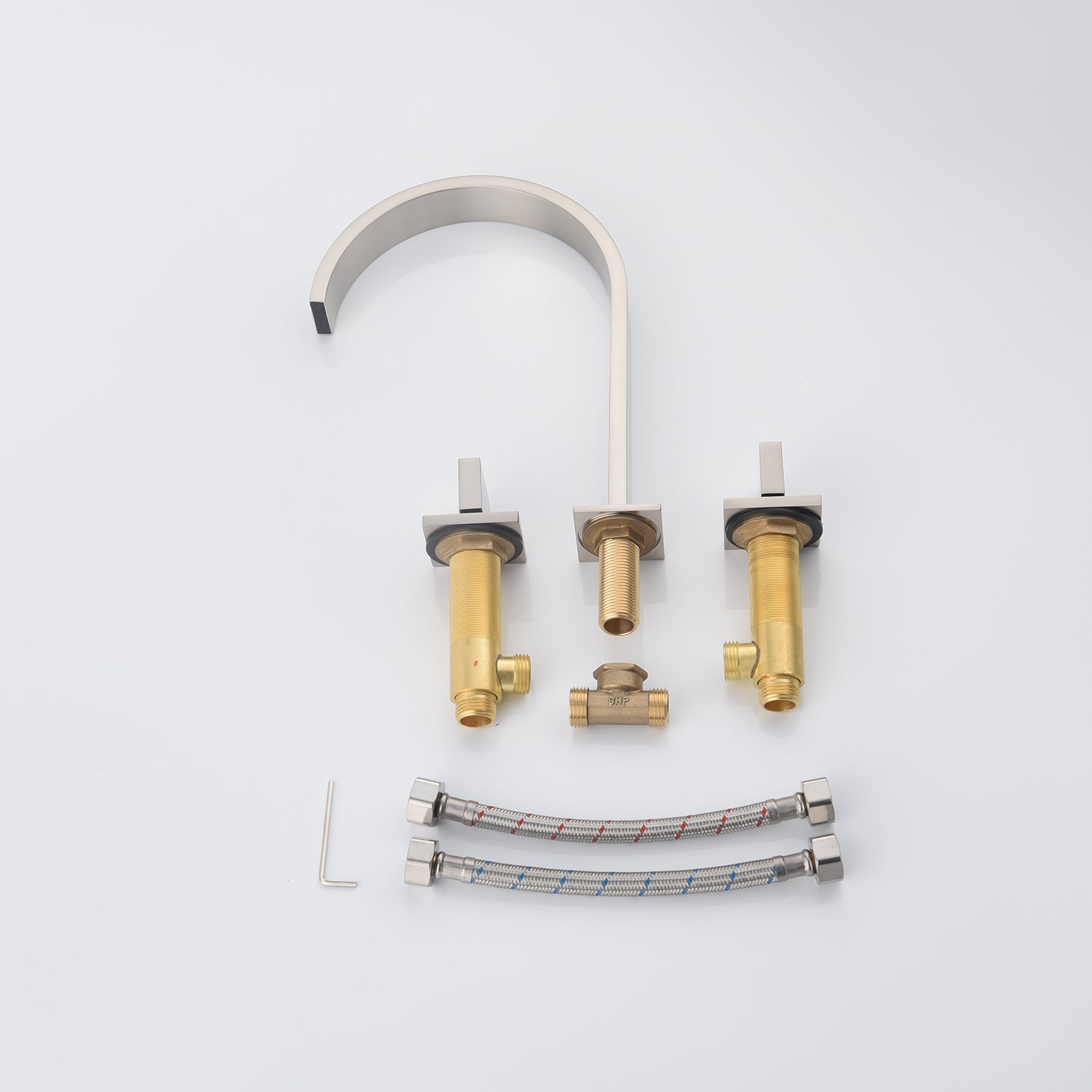Grifo para lavabo de baño de níquel cepillado con cascada, dos manijas y desagüe emergente de latón.