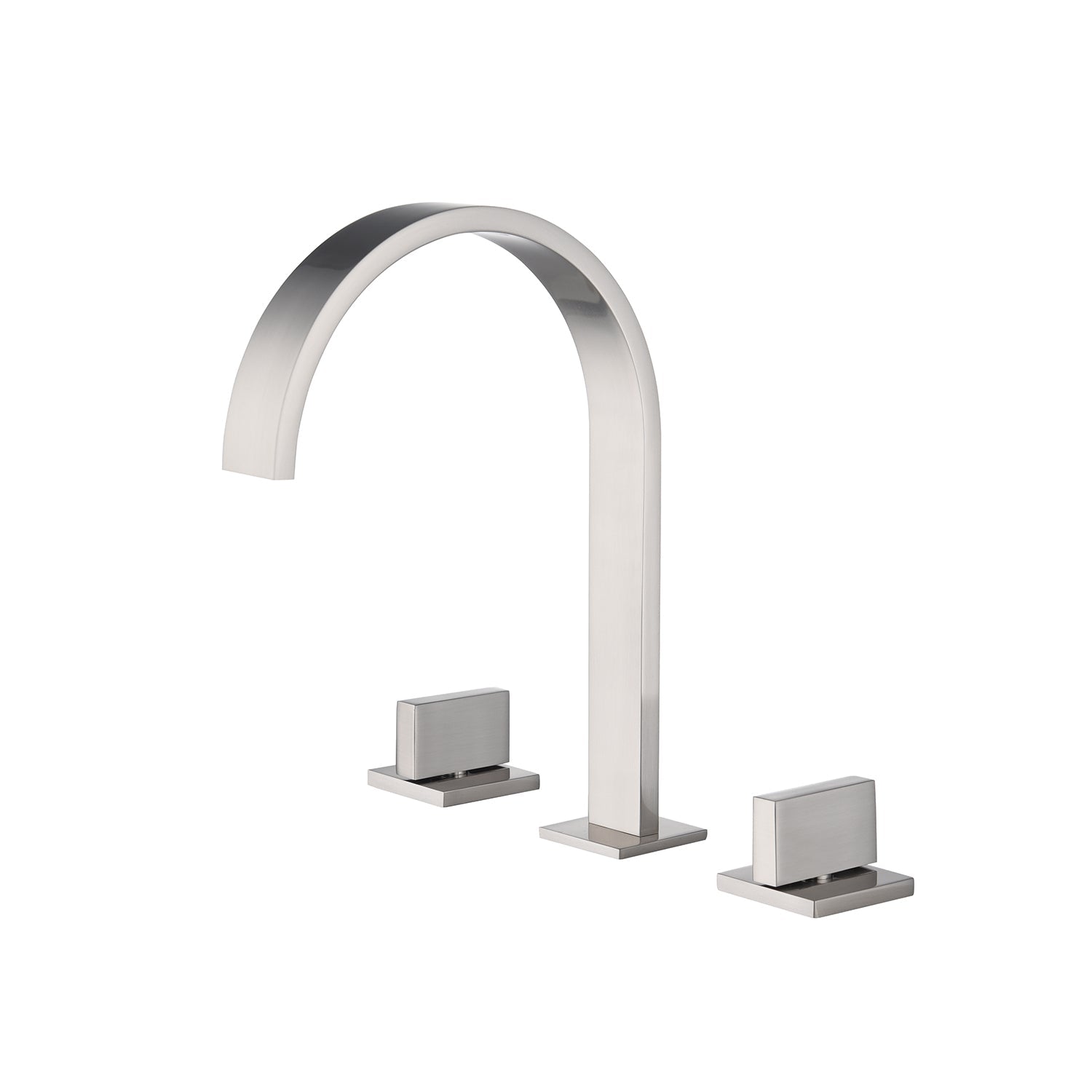 Grifo para lavabo de baño de níquel cepillado con cascada, dos manijas y desagüe emergente de latón.