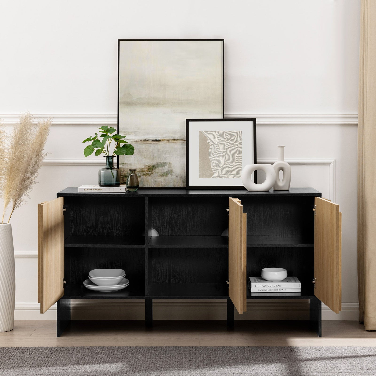 Aparador/soporte para TV con puertas detalladas de madera contemporánea Silas