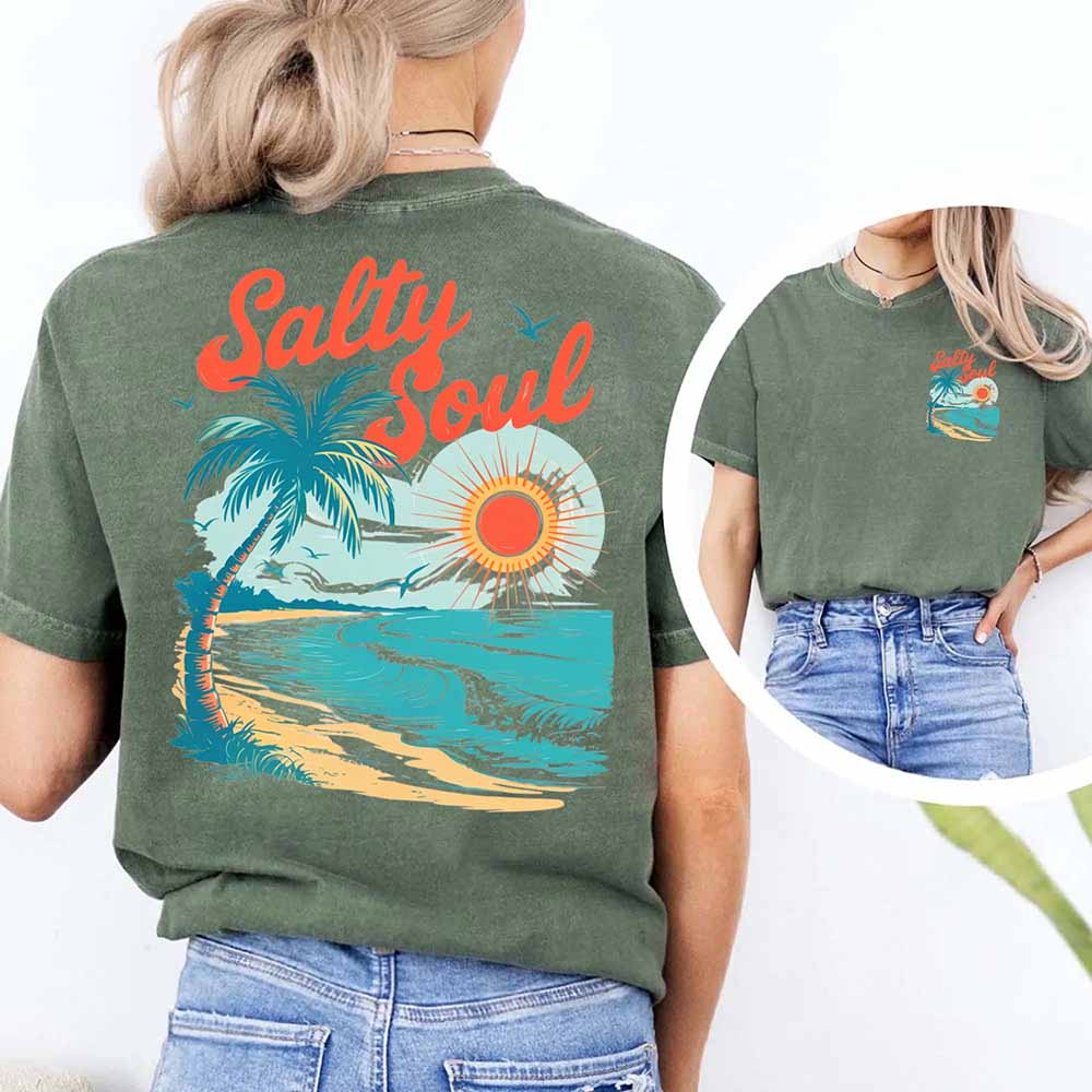 Salty Soul Women’s Comfort Colors Tee – Summer Beach Shirt with Sunset & Palm Tree Design