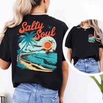 Salty Soul Women’s Comfort Colors Tee – Summer Beach Shirt with Sunset & Palm Tree Design