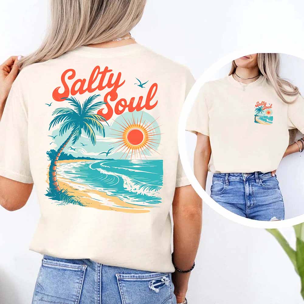 Salty Soul Women’s Comfort Colors Tee – Summer Beach Shirt with Sunset & Palm Tree Design