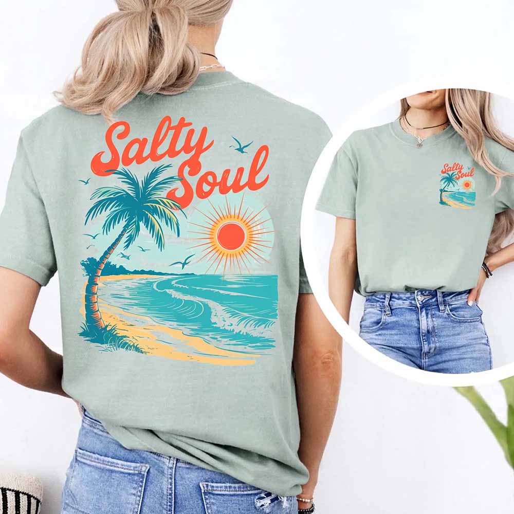 Salty Soul Women’s Comfort Colors Tee – Summer Beach Shirt with Sunset & Palm Tree Design
