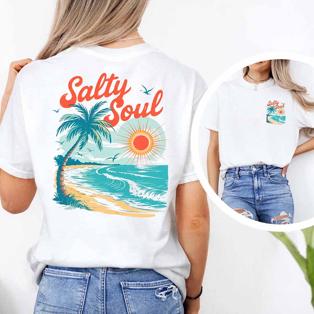 Salty Soul Women’s Comfort Colors Tee – Summer Beach Shirt with Sunset & Palm Tree Design