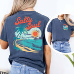 Salty Soul Women’s Comfort Colors Tee – Summer Beach Shirt with Sunset & Palm Tree Design