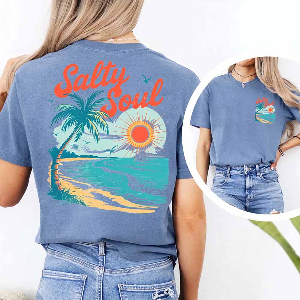 Salty Soul Women’s Comfort Colors Tee – Summer Beach Shirt with Sunset & Palm Tree Design
