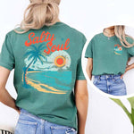 Salty Soul Women’s Comfort Colors Tee – Summer Beach Shirt with Sunset & Palm Tree Design