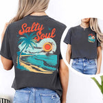 Salty Soul Women’s Comfort Colors Tee – Summer Beach Shirt with Sunset & Palm Tree Design