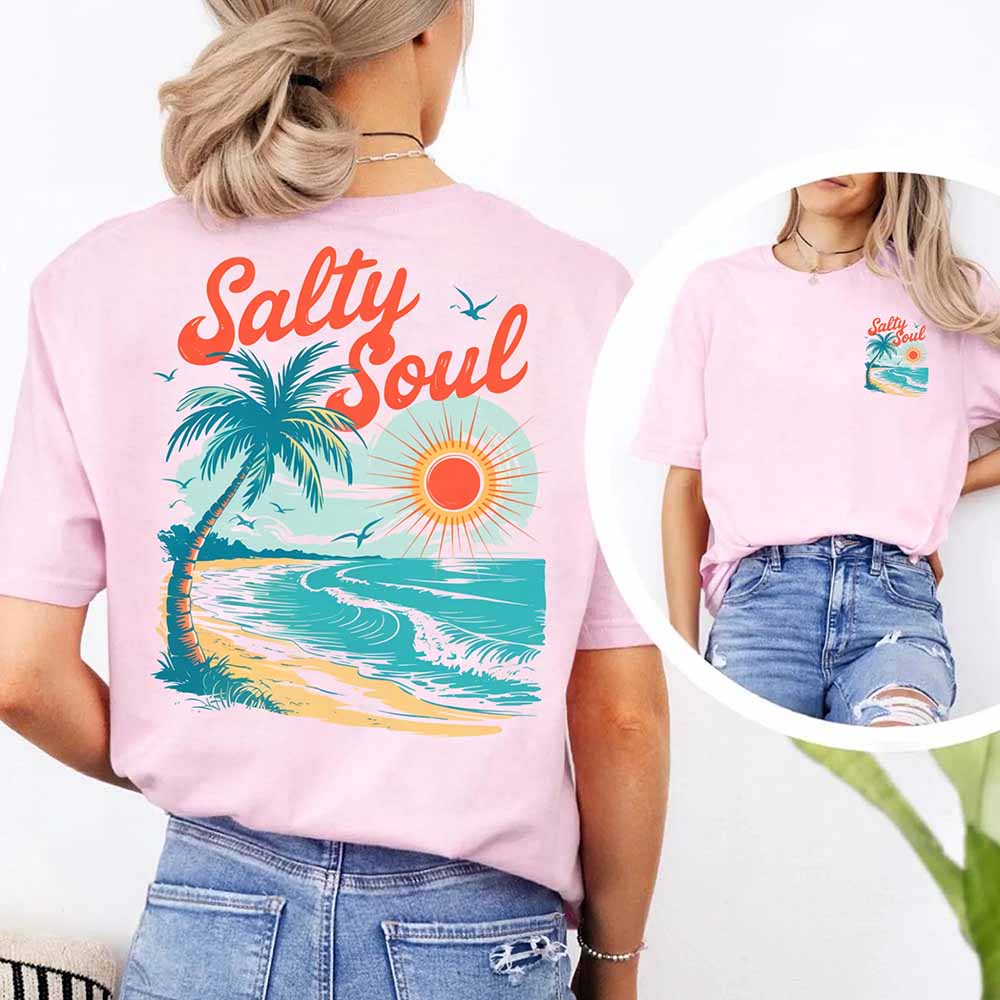 Salty Soul Women’s Comfort Colors Tee – Summer Beach Shirt with Sunset & Palm Tree Design