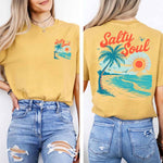 Salty Soul Women’s Comfort Colors Tee – Summer Beach Shirt with Sunset & Palm Tree Design