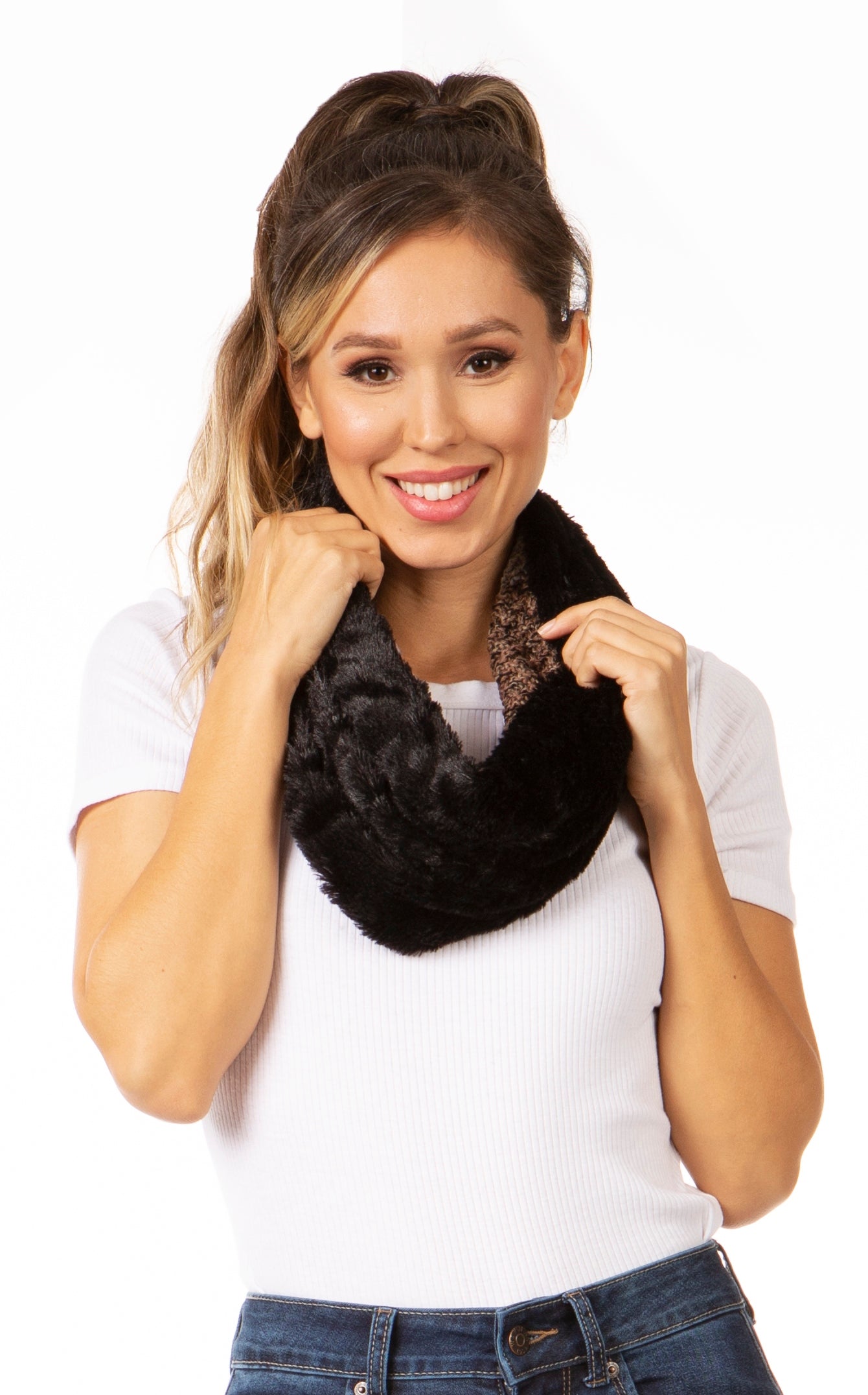 Sakkas Julie Short Wrap Around Two Sided Faux Fur And Ribbed Knit Infinity Scarf