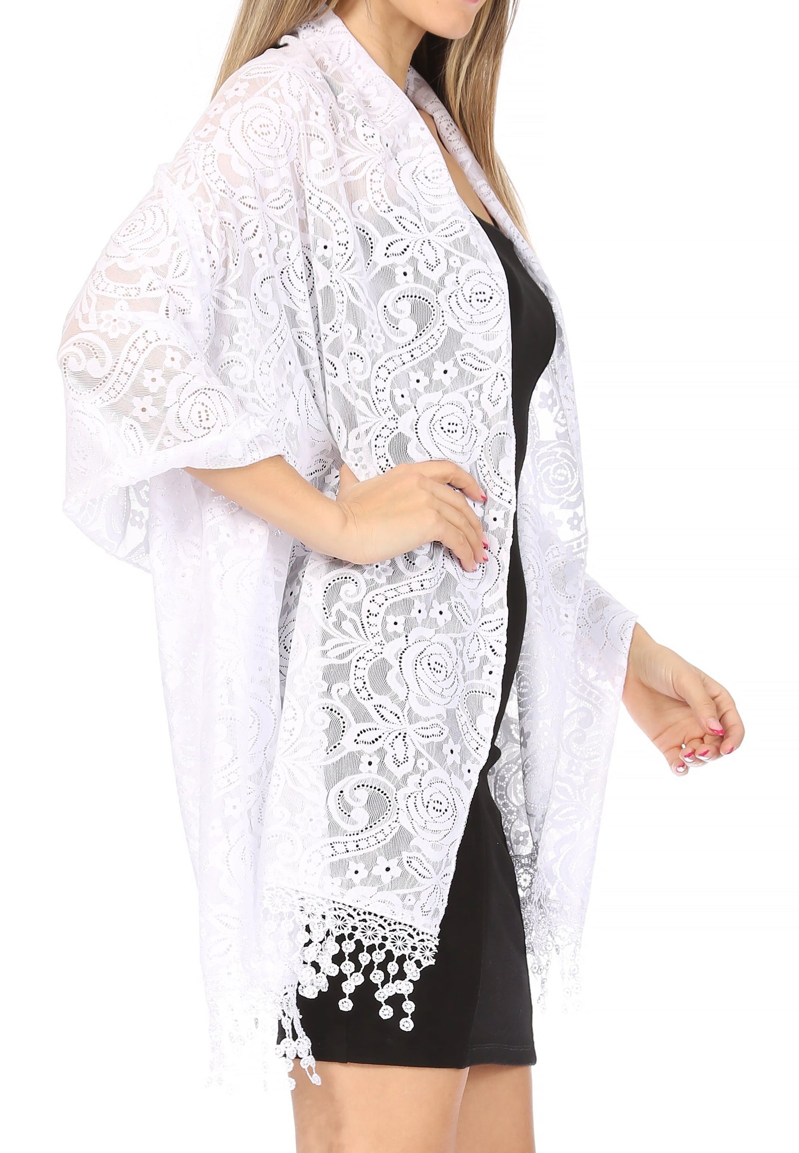 Sakkas Mari Women's Large Lightweight Soft Lace Scarf Wrap Shawl Floral and Fringe