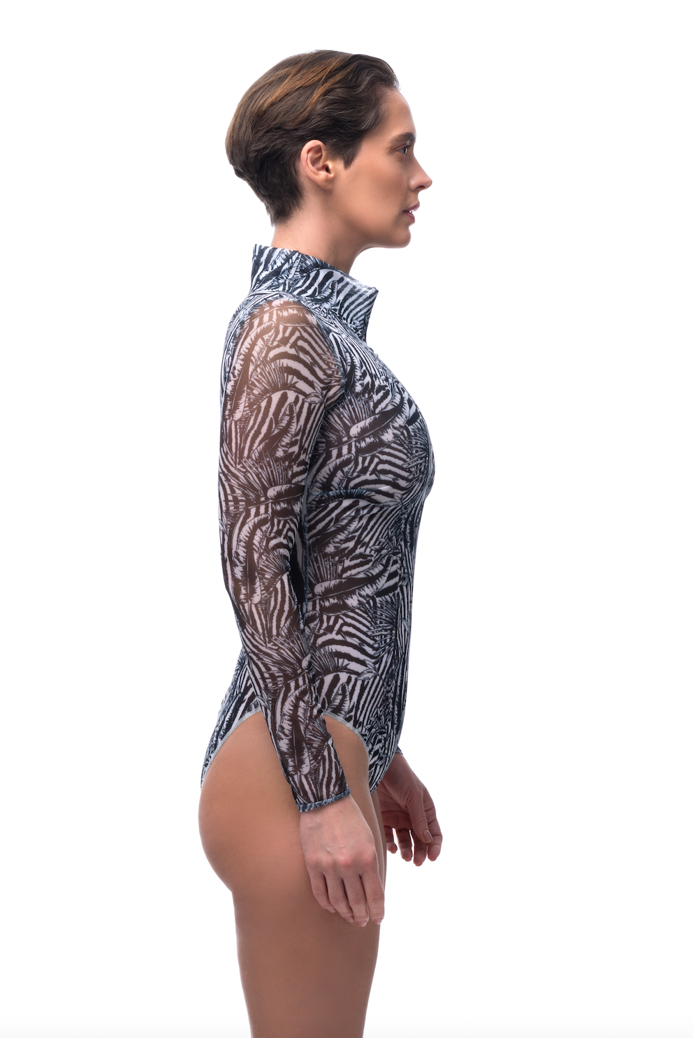 Fake Zebra Zipper Swimsuit With Sleeves