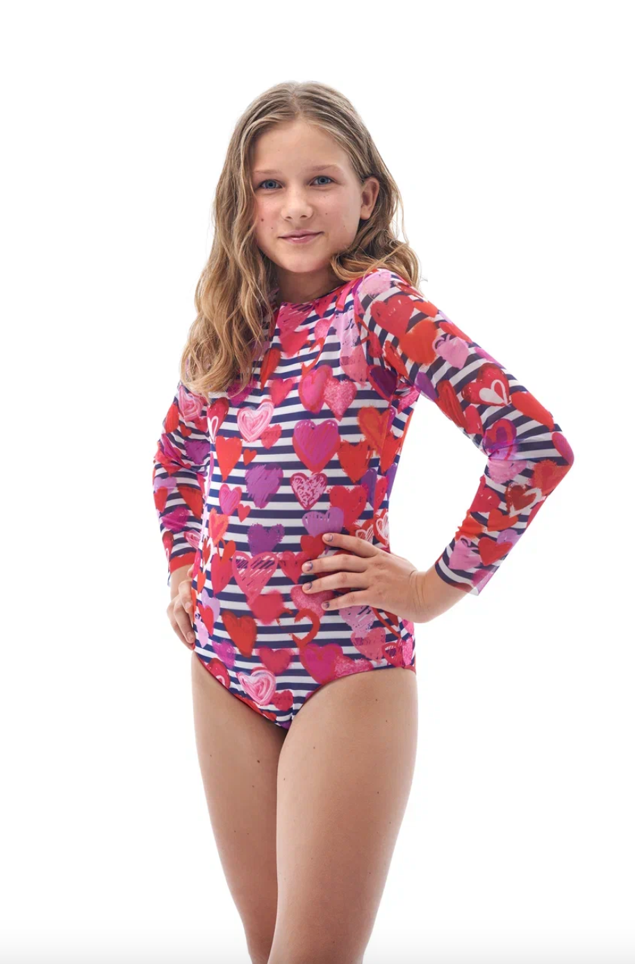 Kid's girl's  One-piece swimsuit with sleeves Stripes