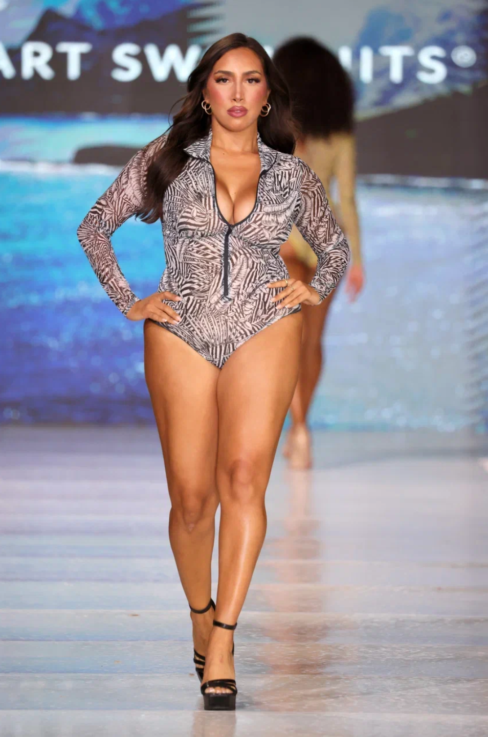 Fake Zebra Zipper Swimsuit With Sleeves