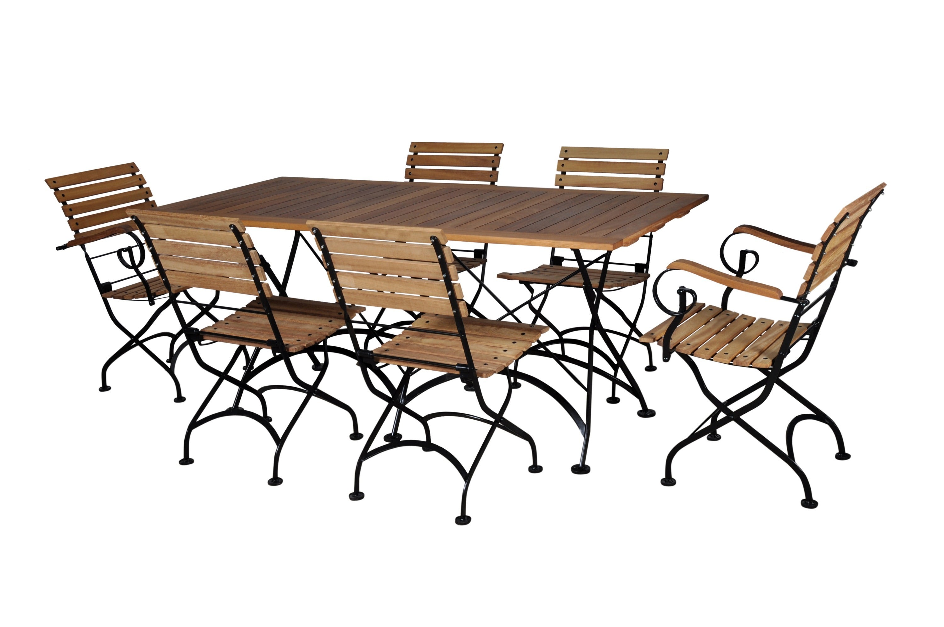 Seven Piece Dining Set with 32 x 72" African Teak Slat Top Table and Four Side Chairs and 2 Armchairs