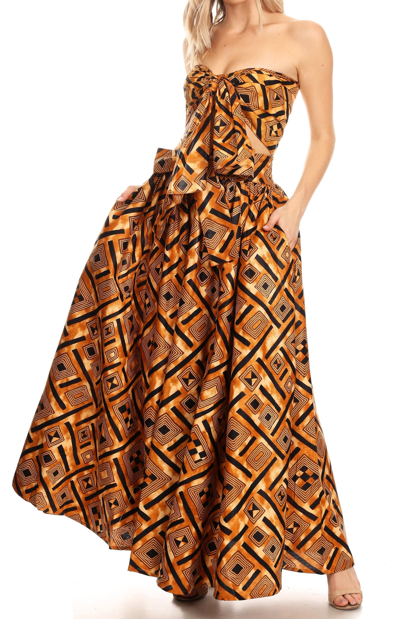 Sakkas Asma Convertible Traditional Wax Print Adjustable Strap Maxi Skirt Dress