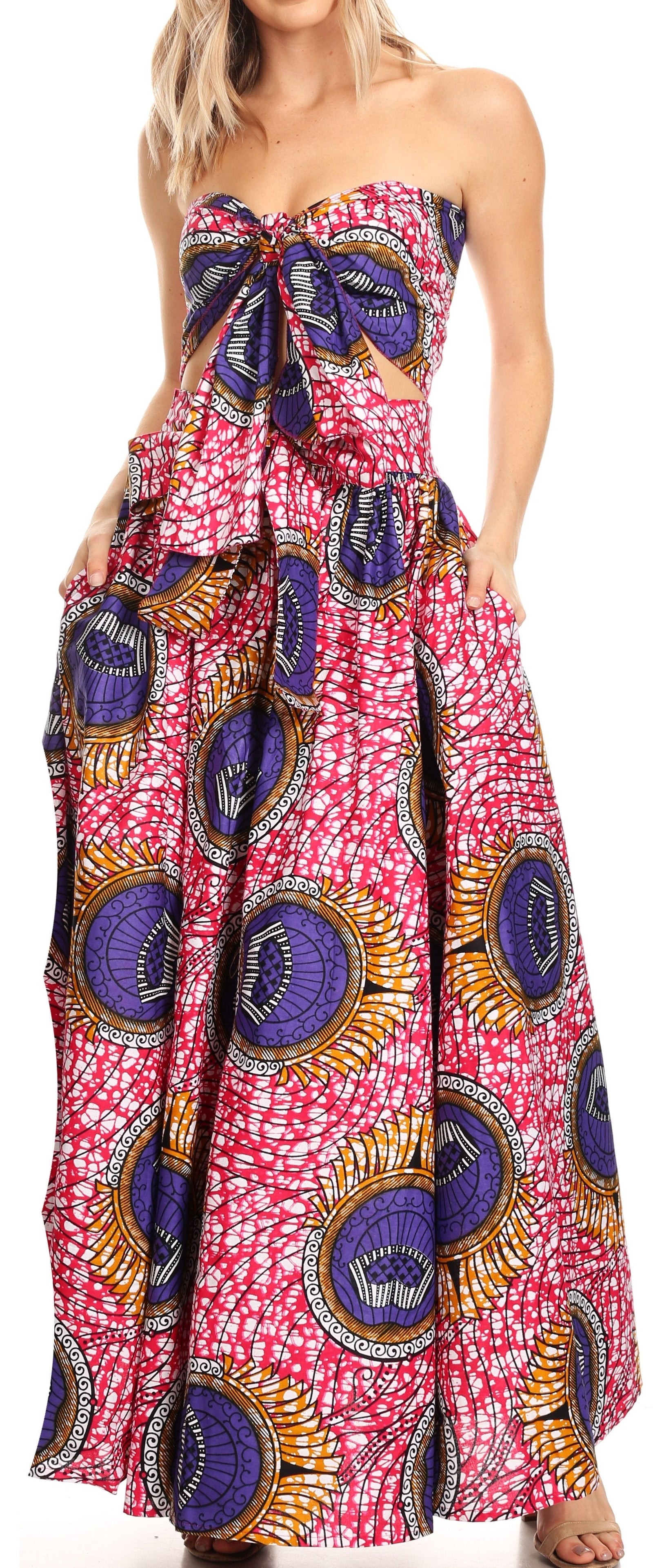 Sakkas Asma Convertible Traditional Wax Print Adjustable Strap Maxi Skirt Dress