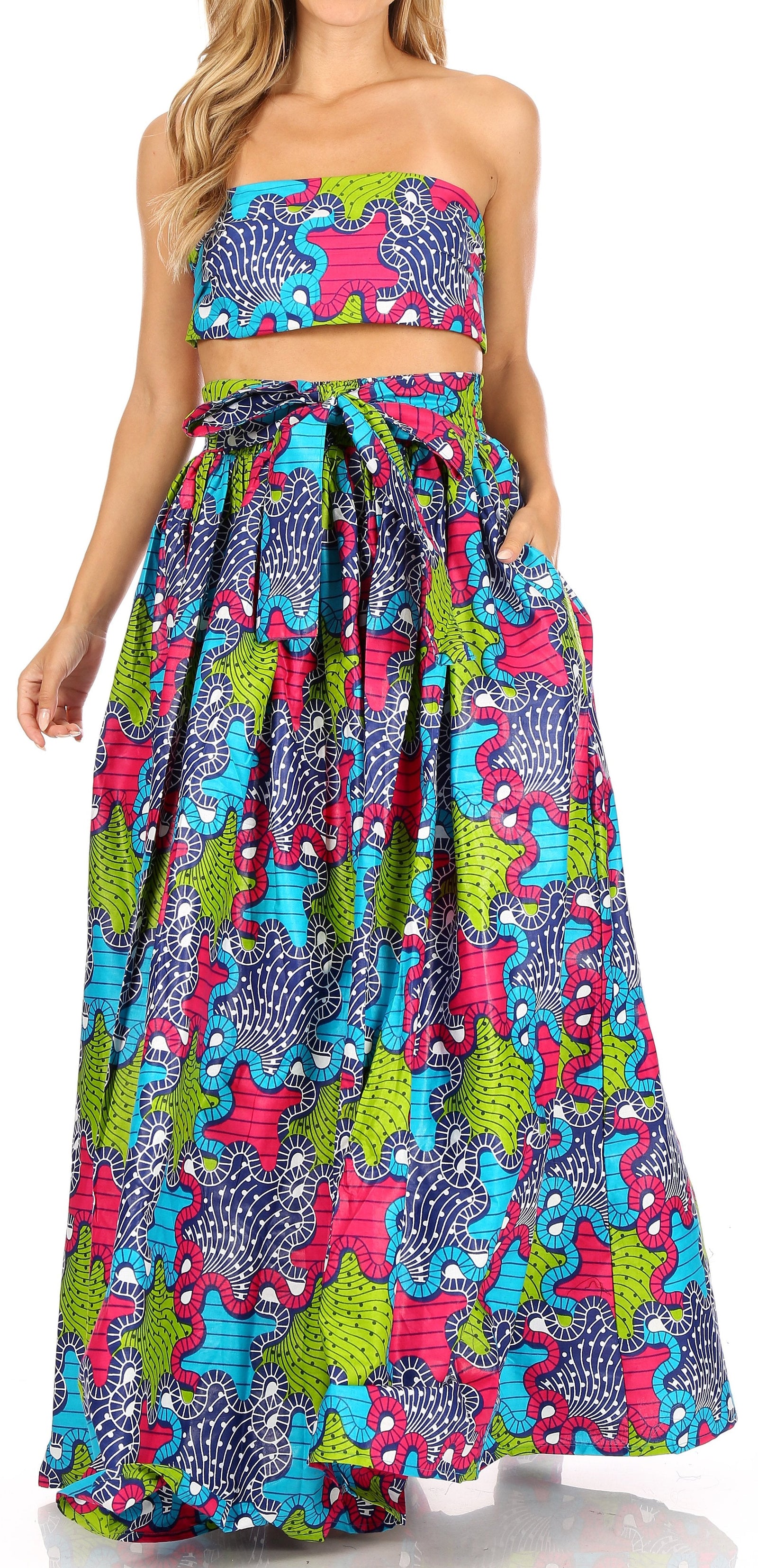 Sakkas Asma Convertible Traditional Wax Print Adjustable Strap Maxi Skirt Dress